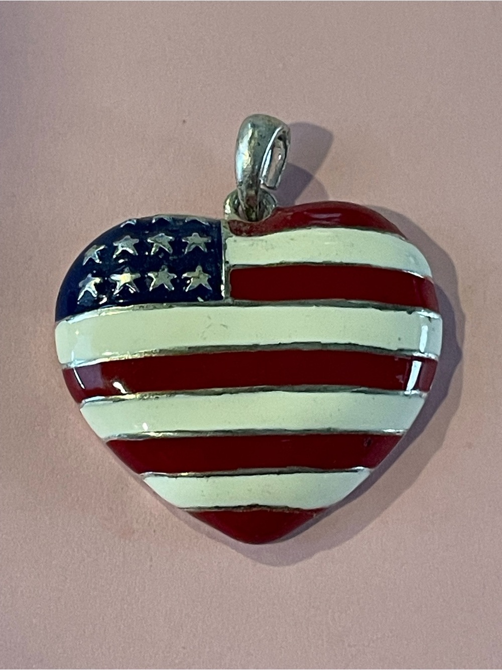 Patriotic Heart Flag Silver Tone Enamel Large Statement Pendant #9048